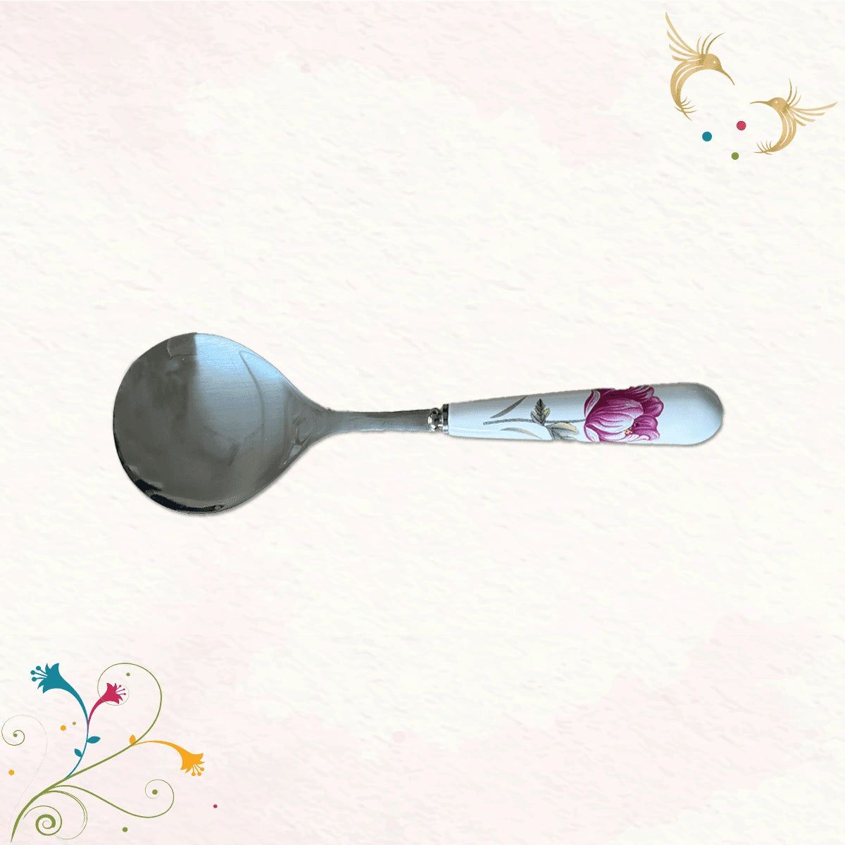 Charming Florals Salad Server Set | Salad Fork & Spoon with a Ceramic Handle