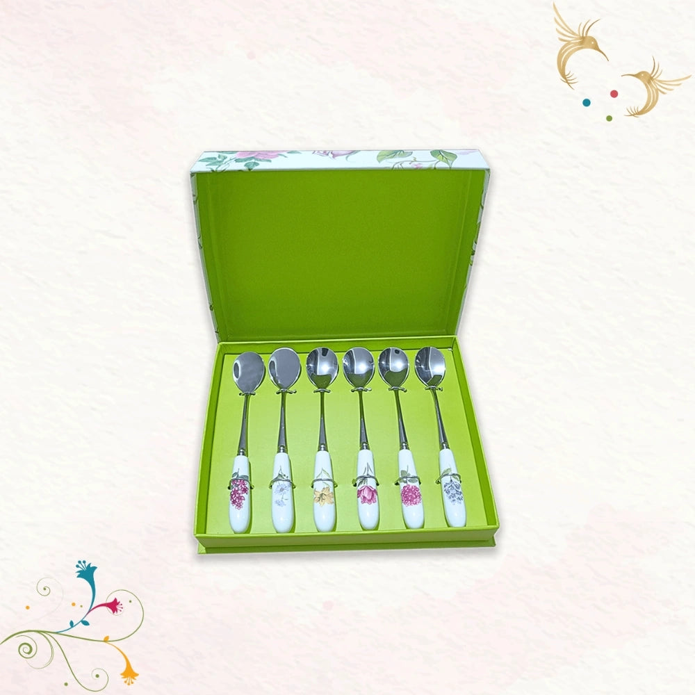 Delicate Stainless Steel Charming Florals Teaspoons with a Ceramic Handle Set of 6