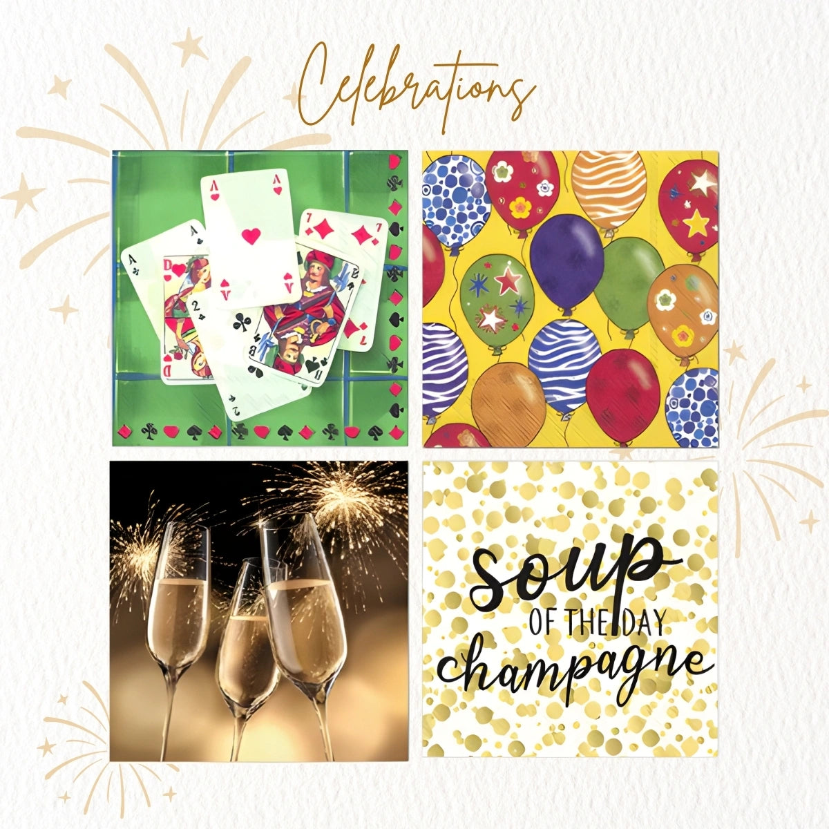 Celebrations ~ A Set of 4 Cocktail Napkin Packs (20 in each, 5" x 5" folded)