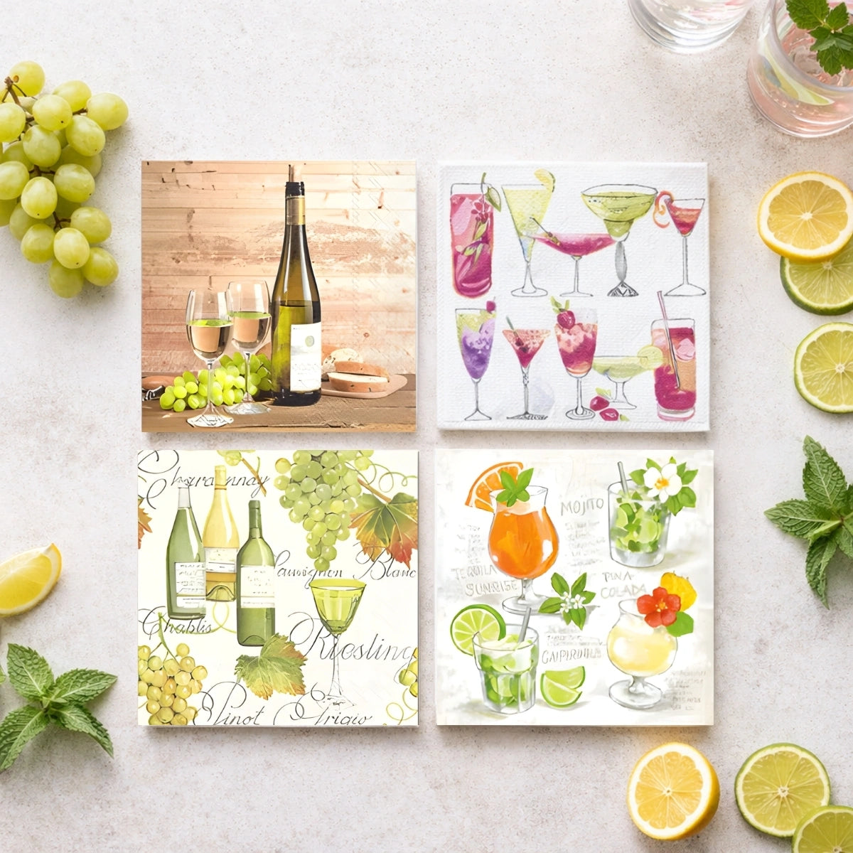 Drinks ~ A Set of 4 Cocktail Napkin Packs (20 in each, 5" x 5" folded)
