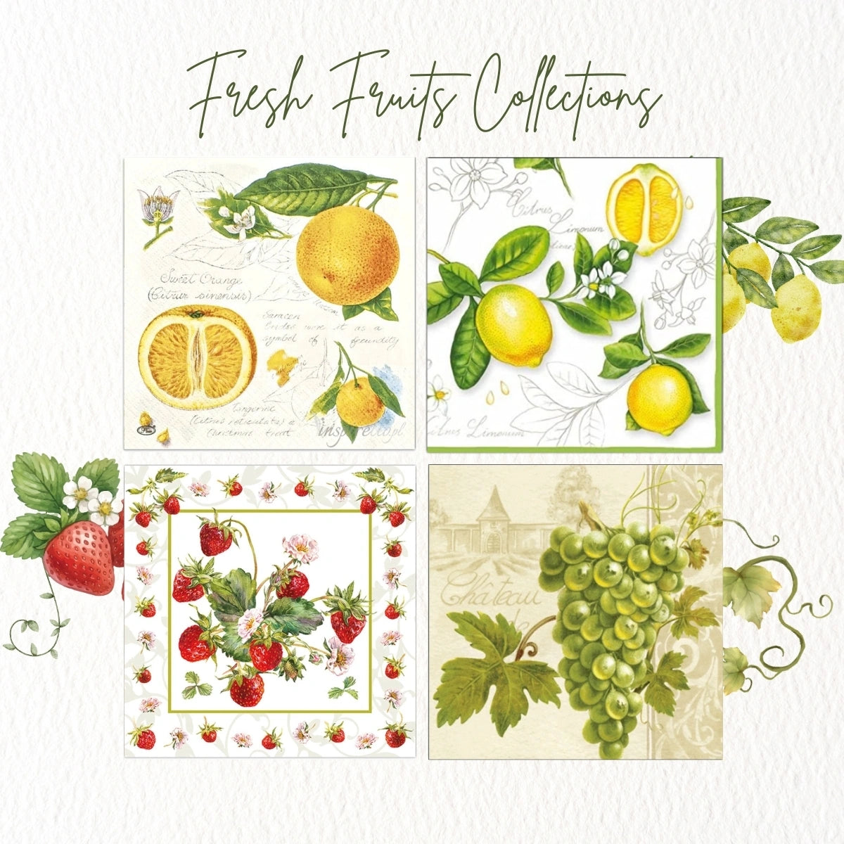 Fresh Fruits ~ A Set of 4 Paper Napkin Packs (20 in each, 6.5" x 6.5" folded)
