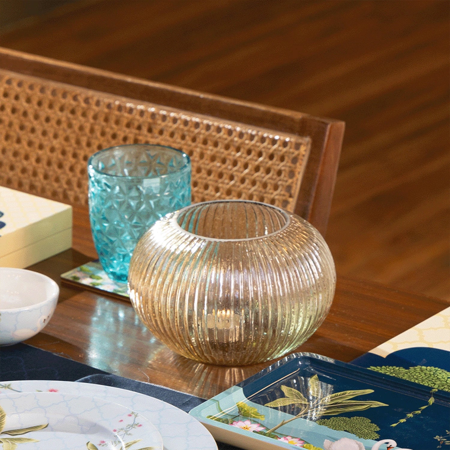 Golden Ribbed Globe Glass Tea Light Holders