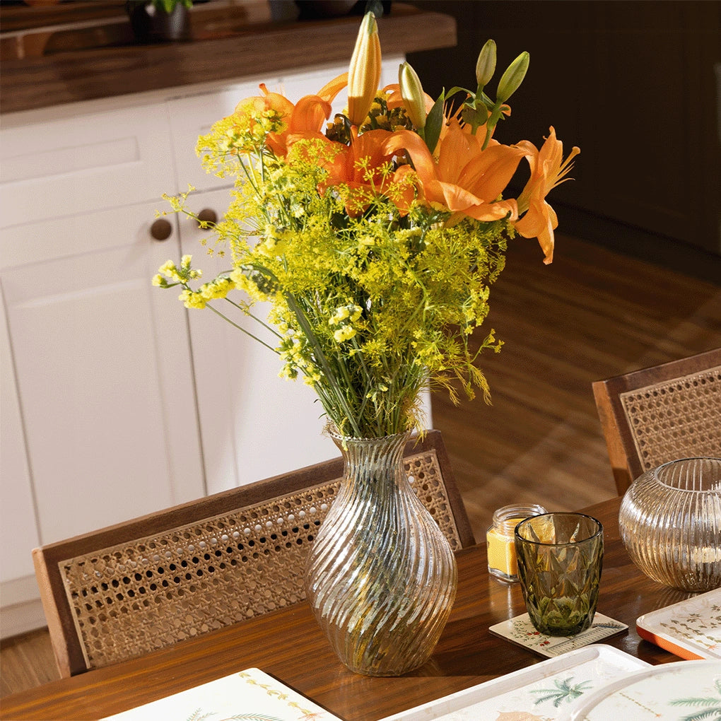 Golden Ribbed Surahi Glass Vase