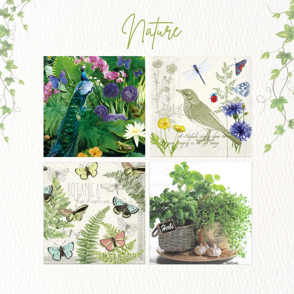Nature ~ A Set of 4 Paper Napkin Packs (20 in each, 6.5" x 6.5" folded)