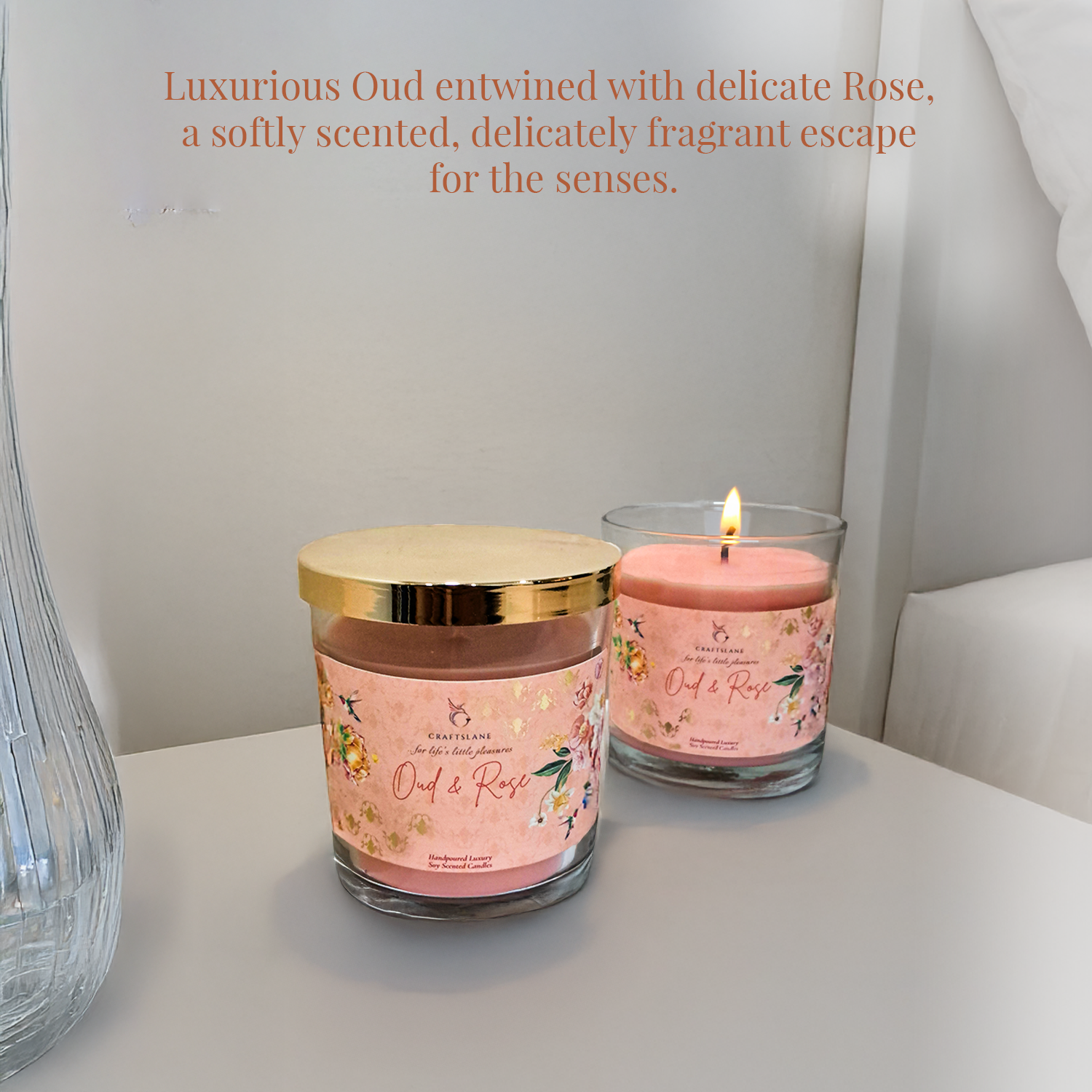 Oud & Rose Scented Candle | Luxury Soy Wax 32Hr Burn