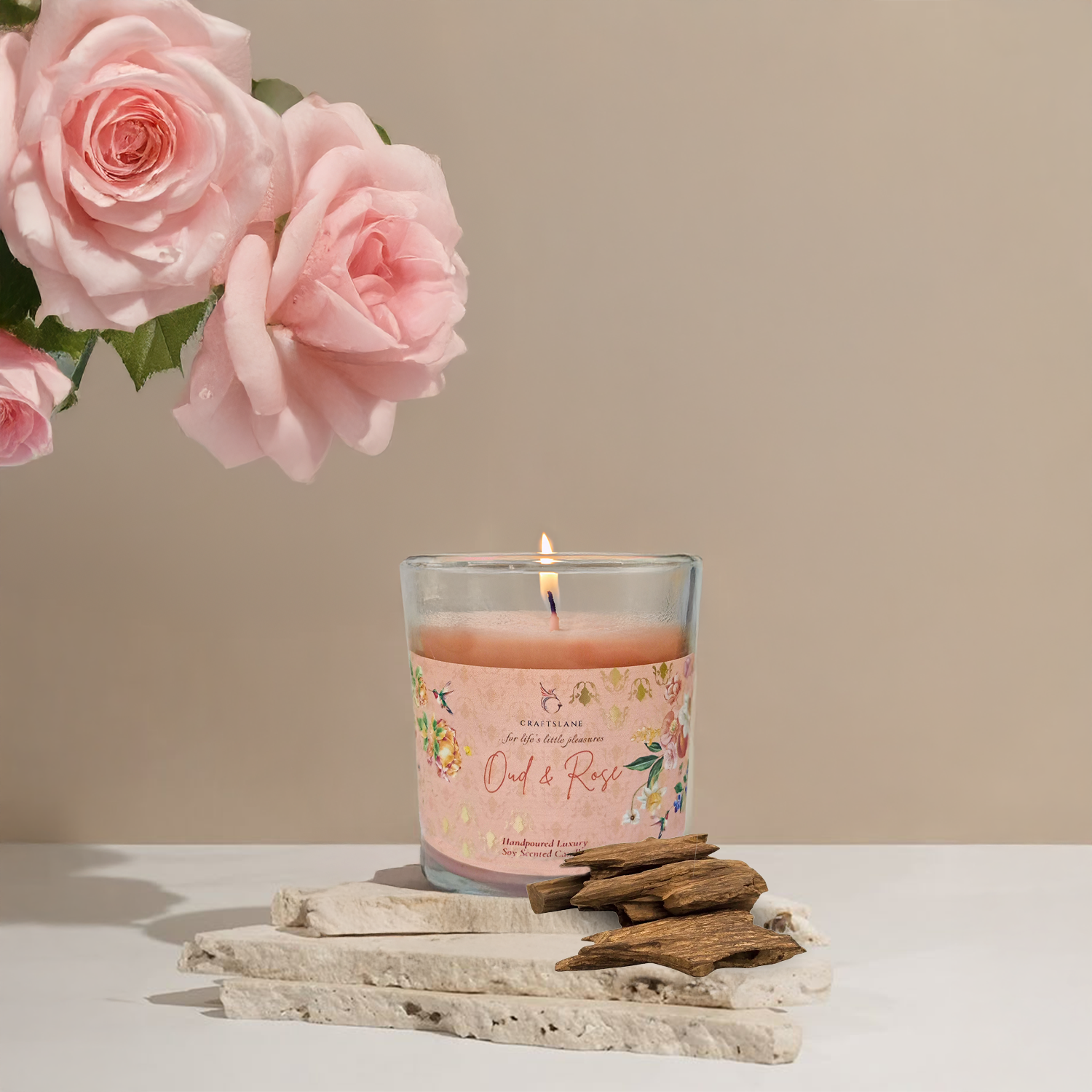Oud & Rose Scented Candle | Luxury Soy Wax 32Hr Burn