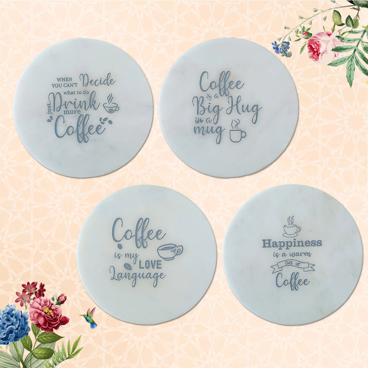 Quirky Brew Round Marble Coasters Set of 4 | Table Coasters
