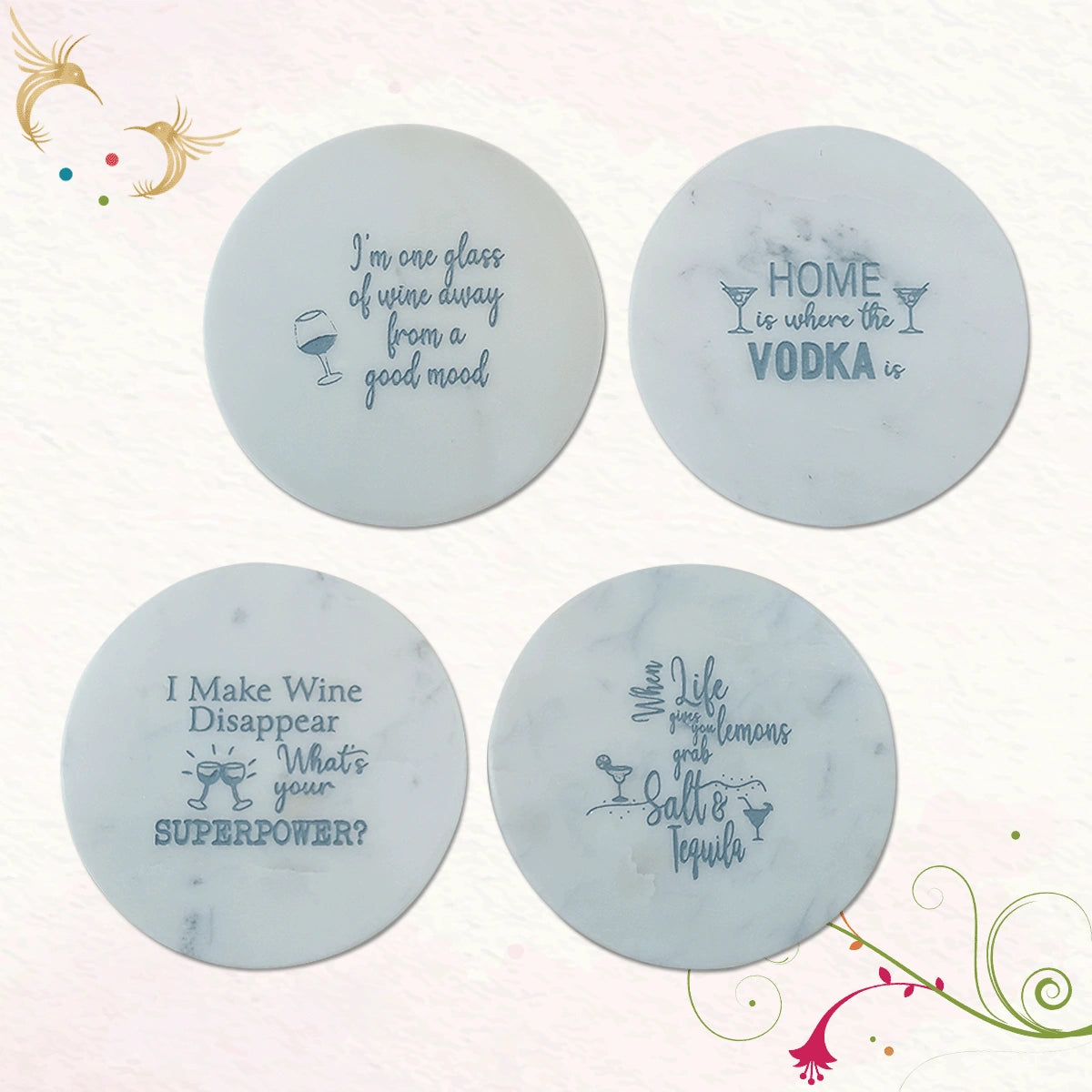 Sip & Smile Round Marble Coasters Set of 4