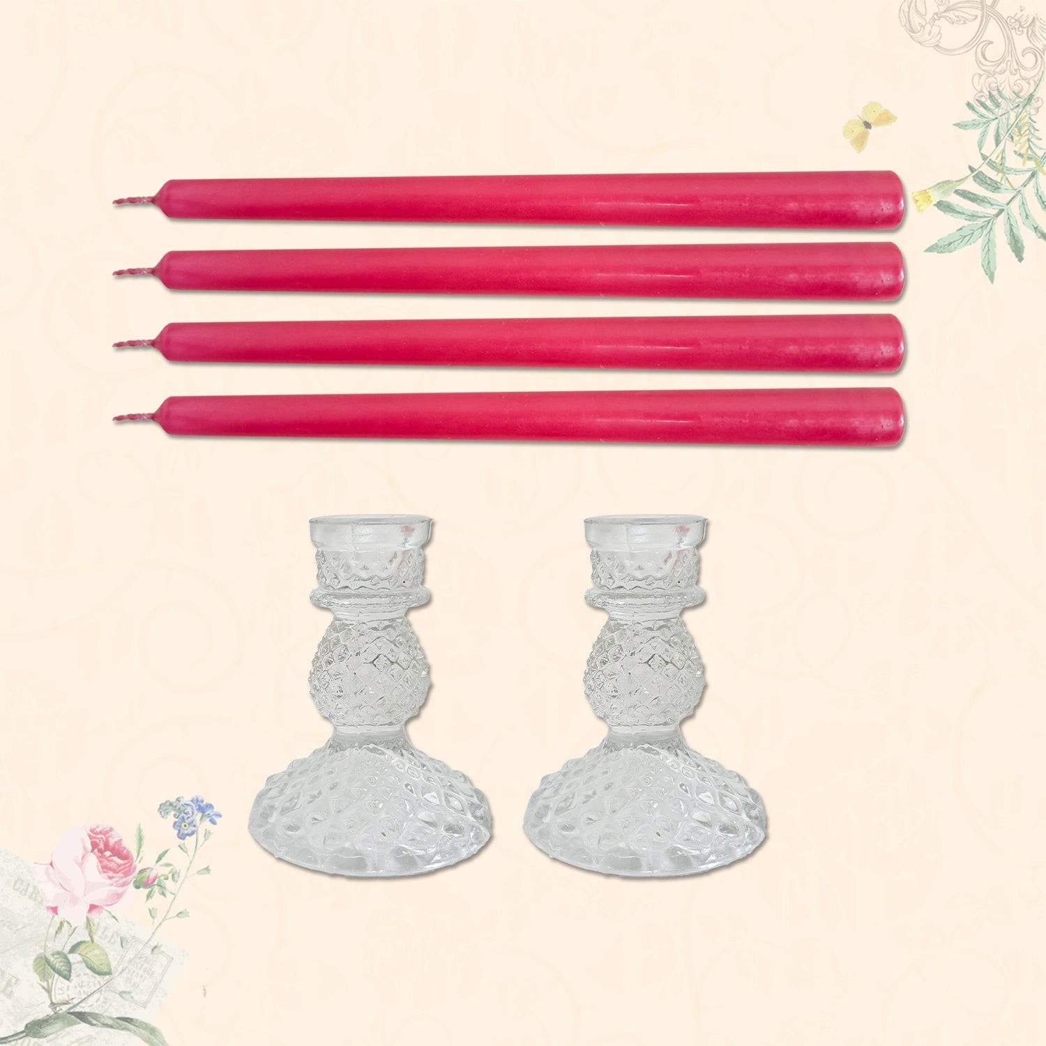 10" Premium Hot Pink Taper Candles (Set of 4) with 2 Candle Holders