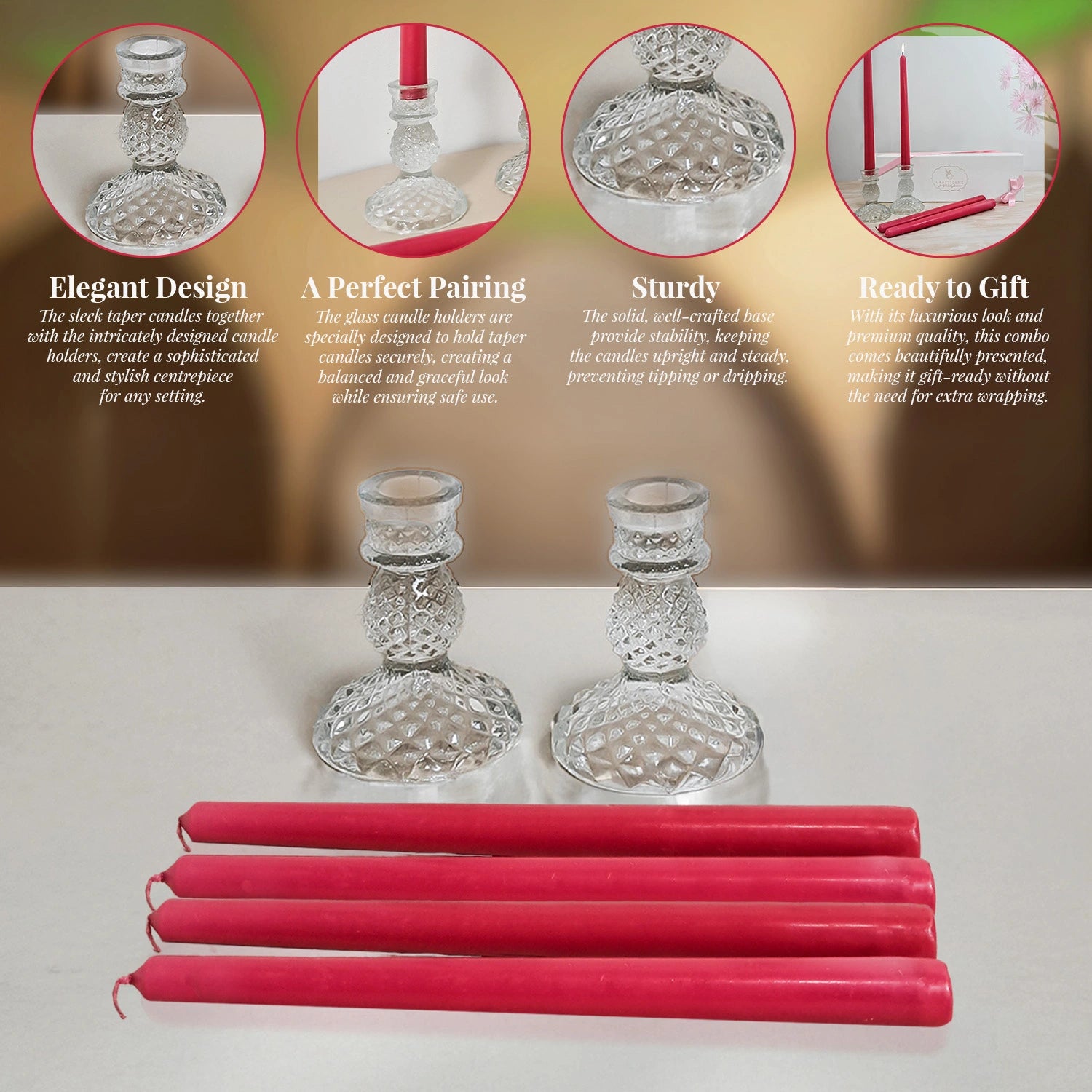 10" Premium Hot Pink Taper Candles (Set of 4) with 2 Candle Holders