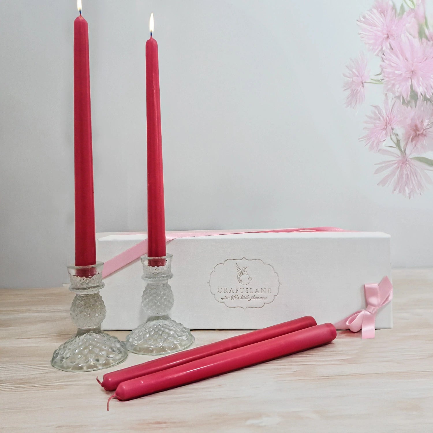 10" Premium Hot Pink Taper Candles (Set of 4) with 2 Candle Holders
