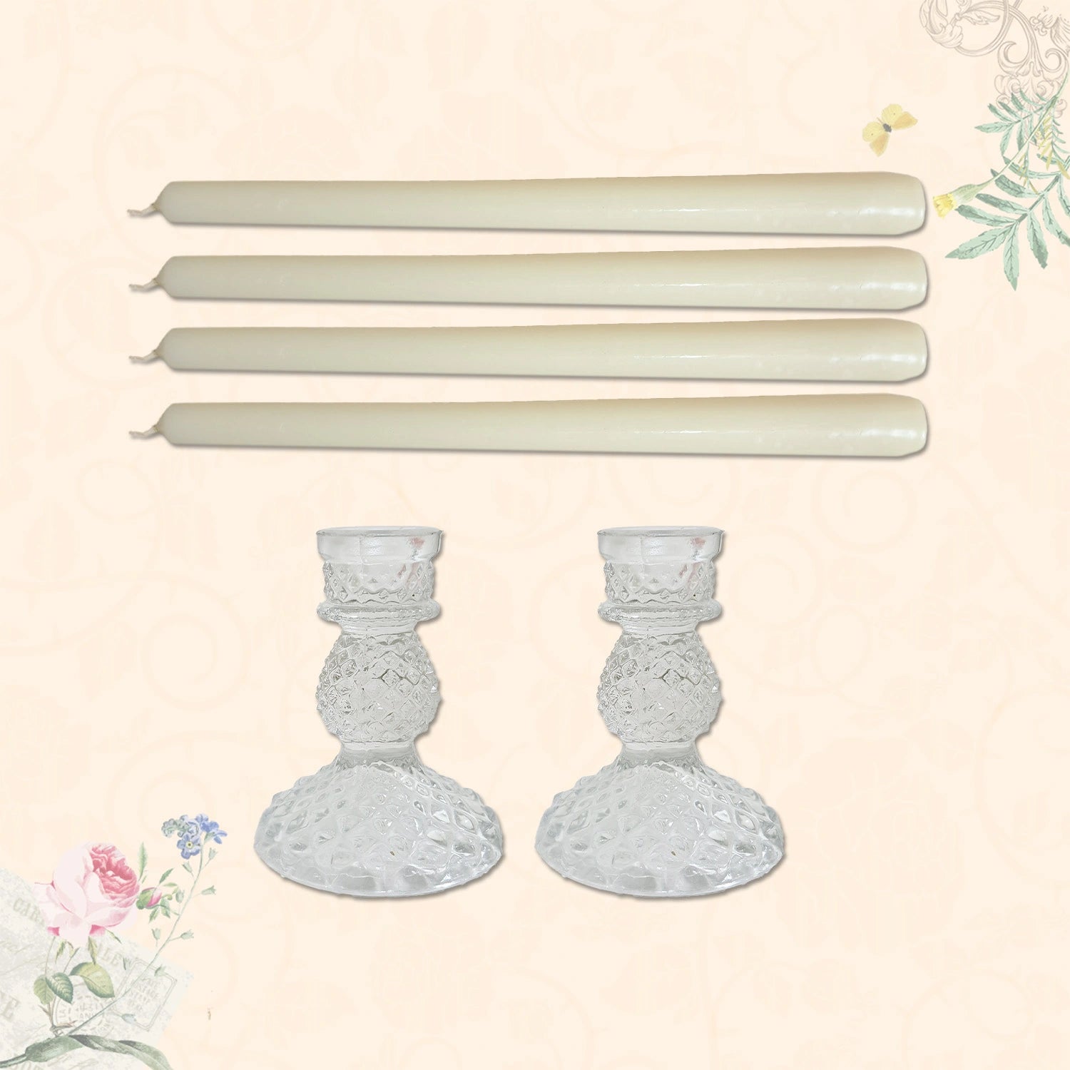 10" Premium Ivory Taper Candles (Set of 4) with 2 Candle Holders