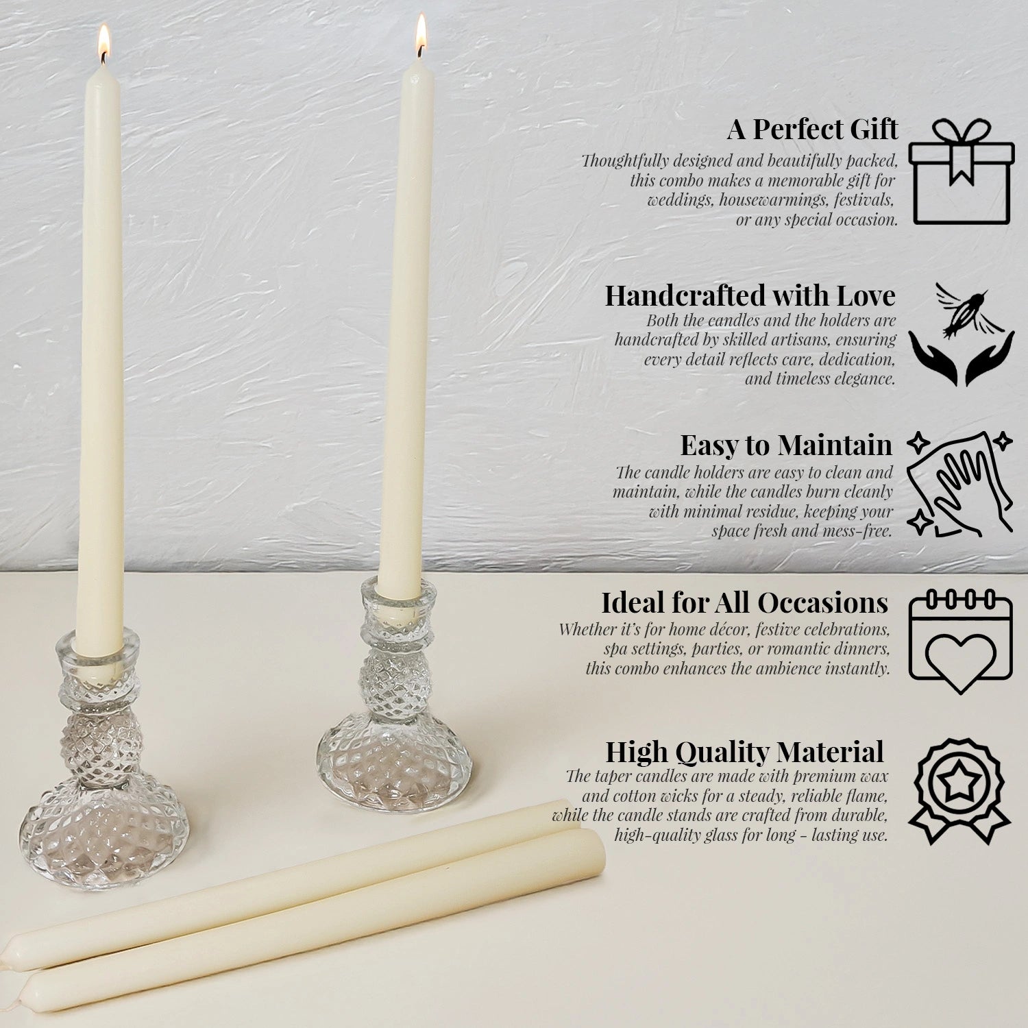 10" Premium Ivory Taper Candles (Set of 4) with 2 Candle Holders
