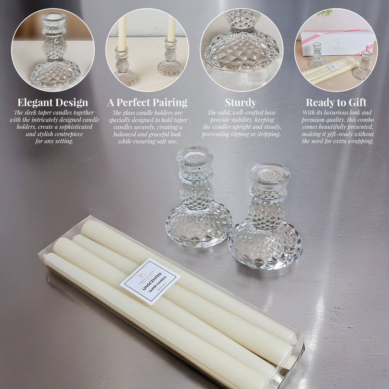 10" Premium Ivory Taper Candles (Set of 4) with 2 Candle Holders