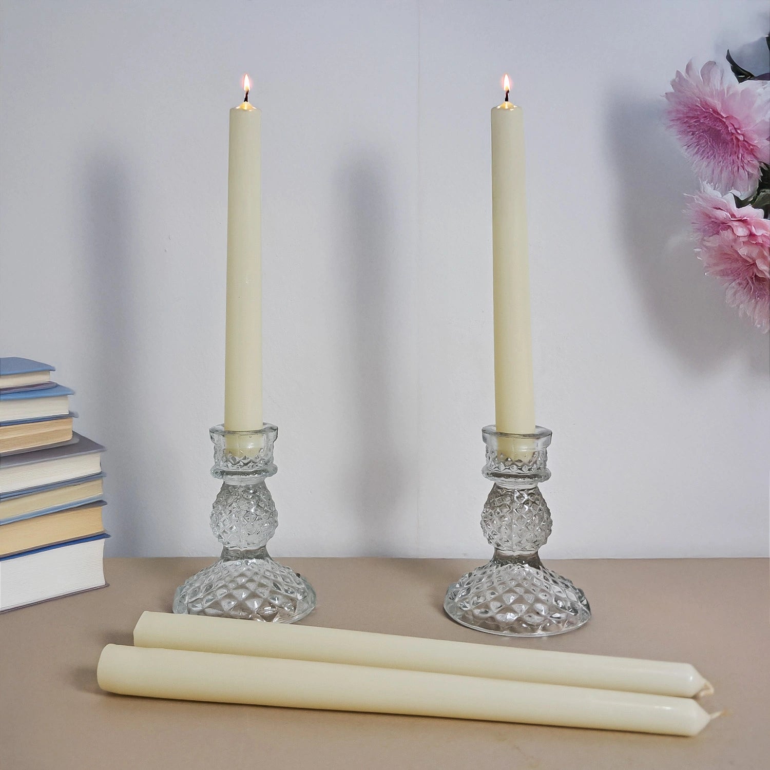 10" Premium Ivory Taper Candles (Set of 4) with 2 Candle Holders
