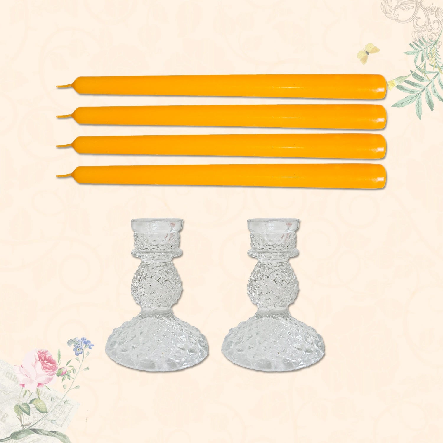 10" Premium Marigold Taper Candles (Set of 4) with 2 Candle Holders