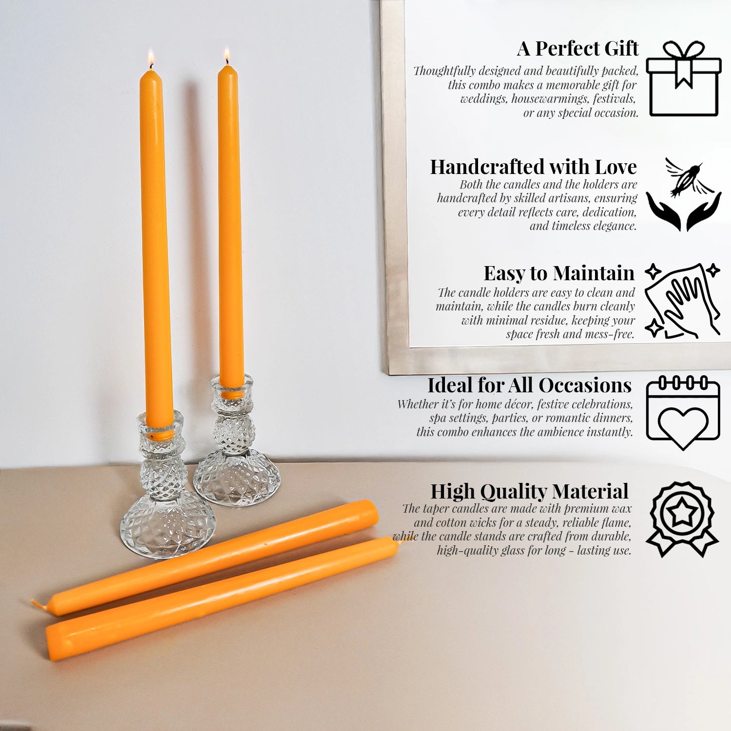 10" Premium Marigold Taper Candles (Set of 4) with 2 Candle Holders