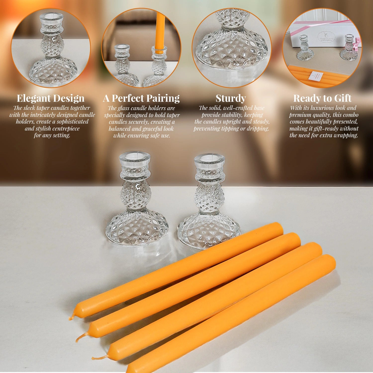 10" Premium Marigold Taper Candles (Set of 4) with 2 Candle Holders