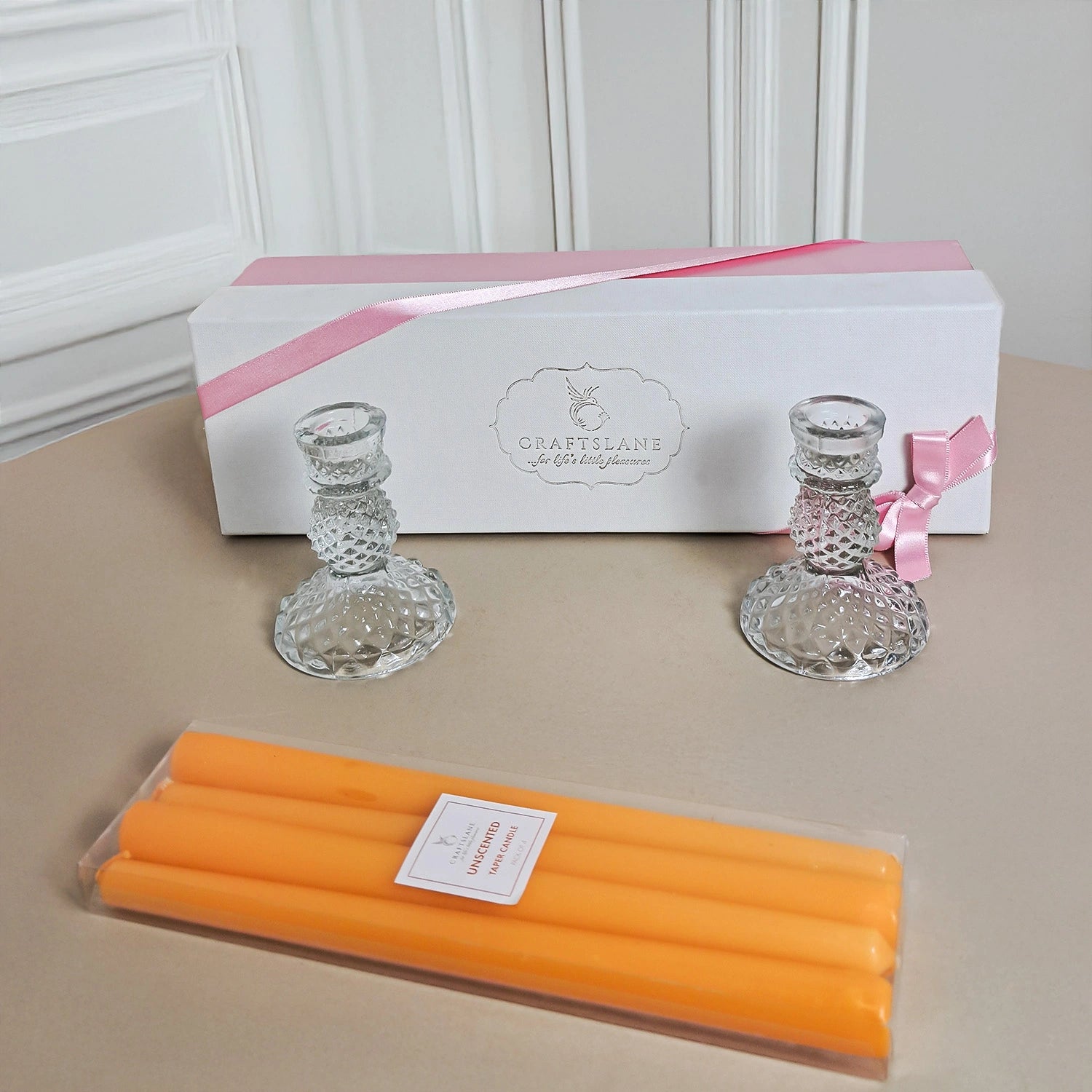 10" Premium Marigold Taper Candles (Set of 4) with 2 Candle Holders