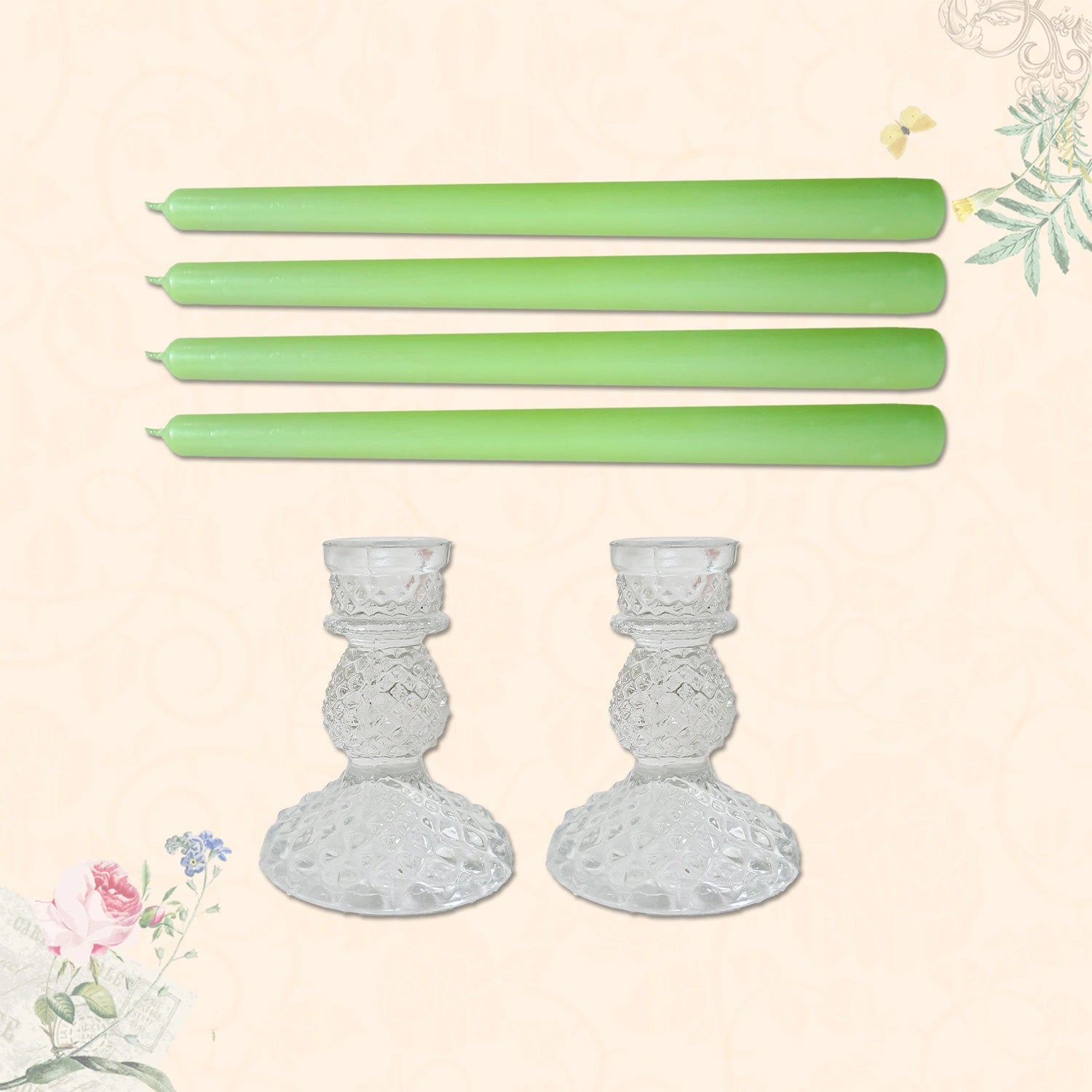 10" Premium Sage Taper Candles (Set of 4) with 2 Candle Holders