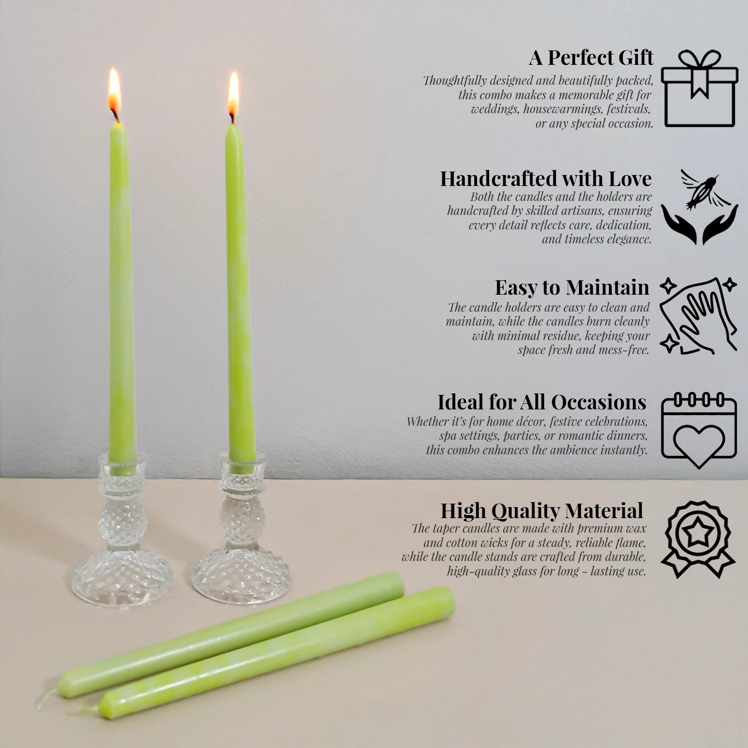 10" Premium Sage Taper Candles (Set of 4) with 2 Candle Holders