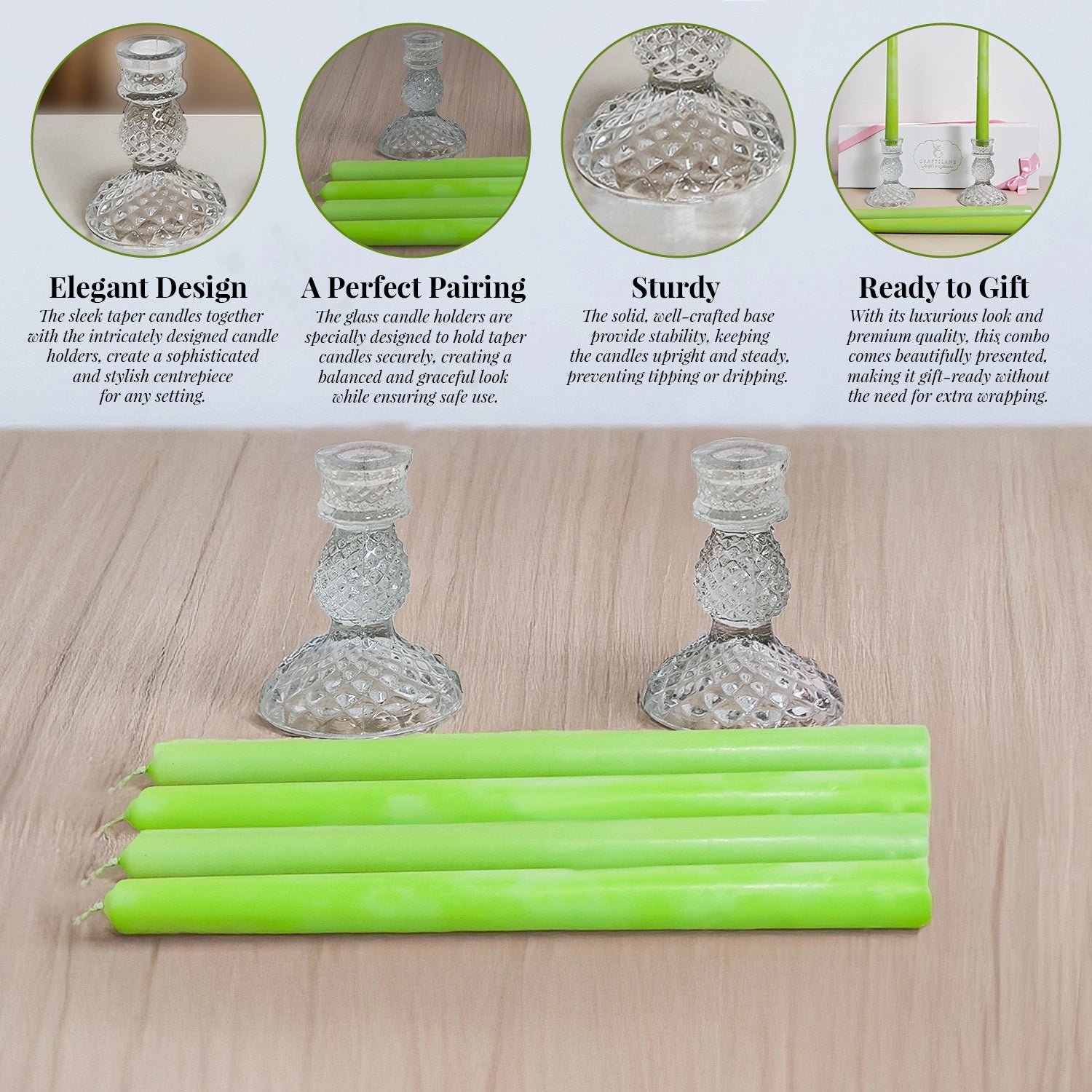 10" Premium Sage Taper Candles (Set of 4) with 2 Candle Holders