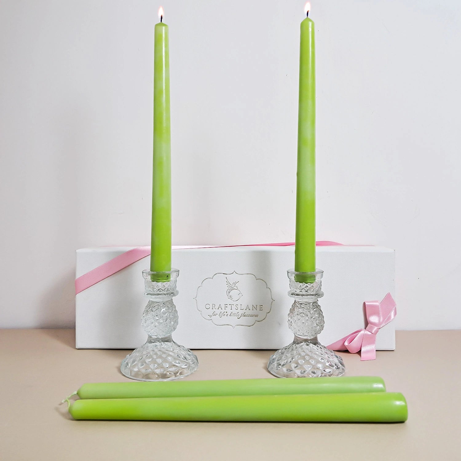 10" Premium Sage Taper Candles (Set of 4) with 2 Candle Holders