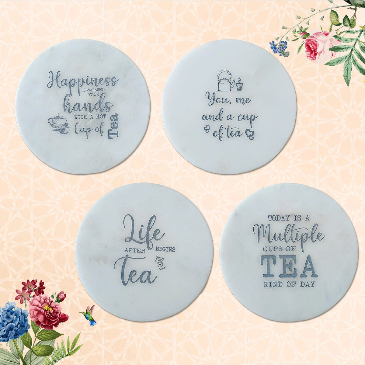 Tea-riffic Round Marble Coasters Set of 4