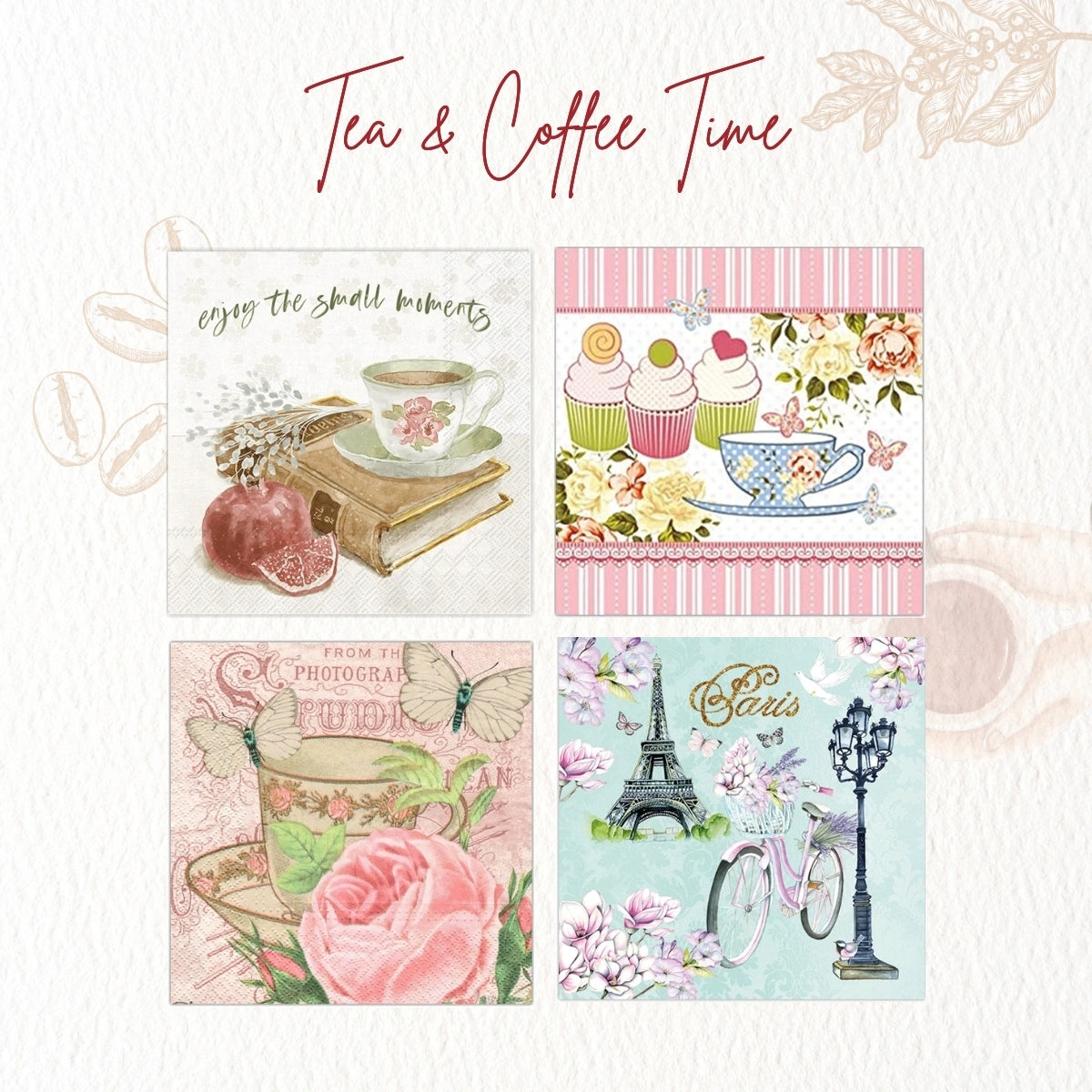 Tea & Coffee Time ~ A Set of 4 Paper Napkin Packs (20 in each, 6.5" x 6.5" folded)