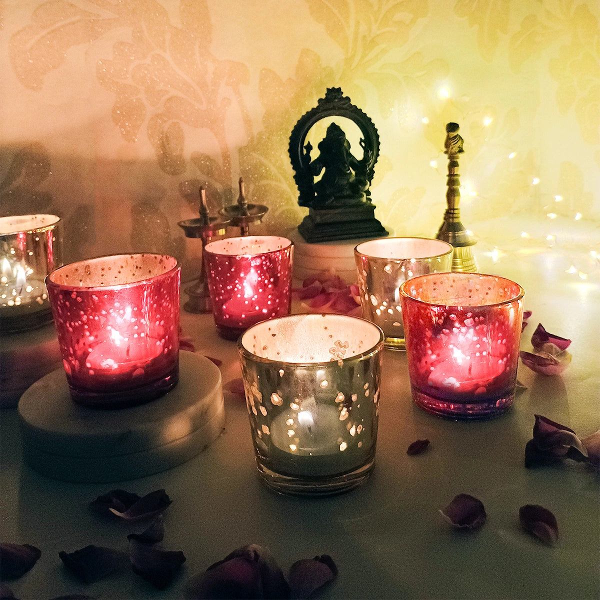 Glass Votive Holders (Set of 6) | Red & Gold