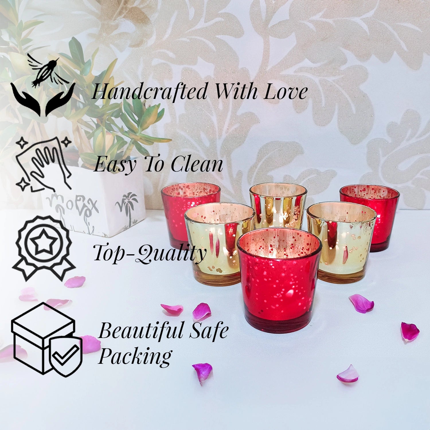 Glass Votive Holders (Set of 6) | Red & Gold