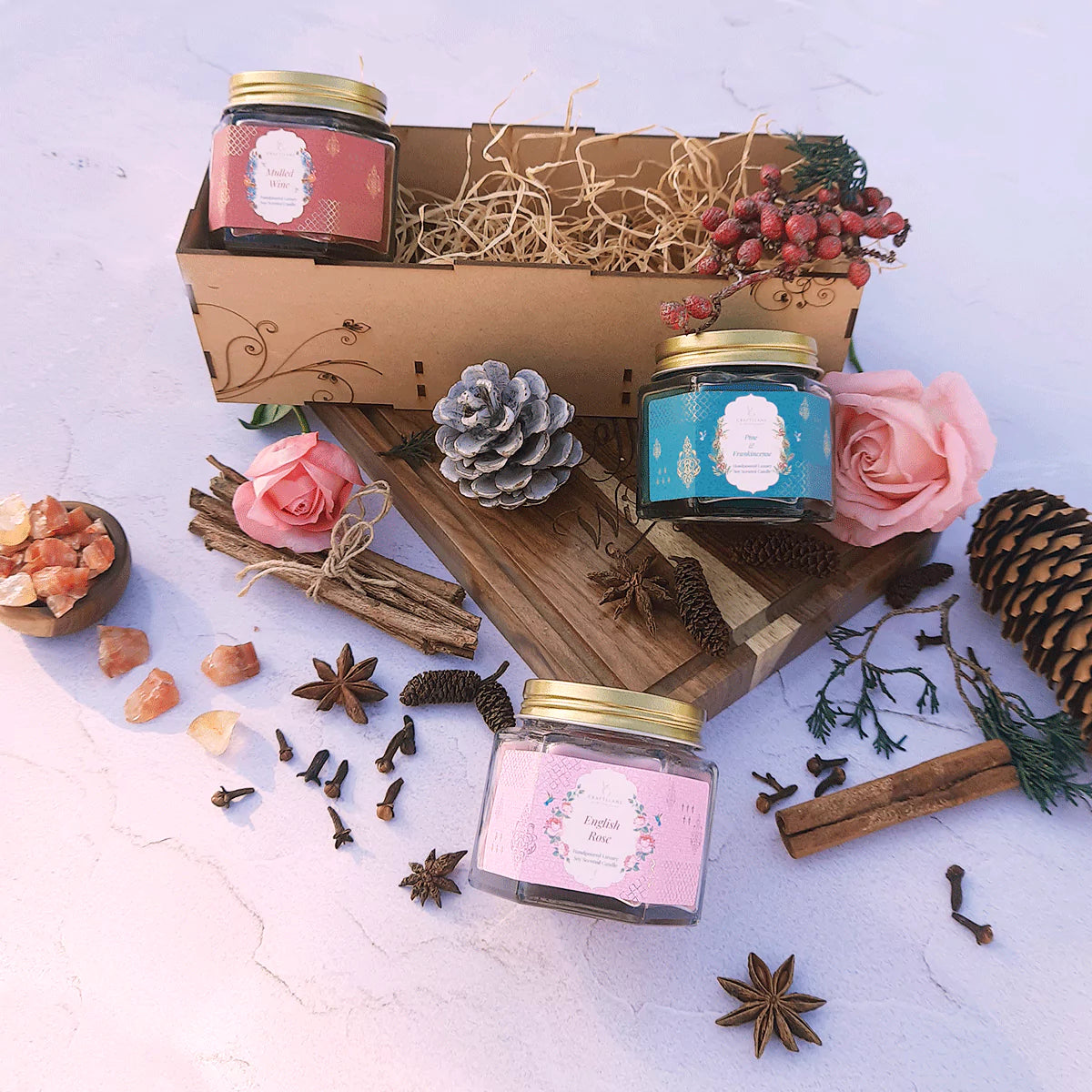 Mulled Wine, English Rose, Pine & Frankincense Soy Wax Scented Candles Gift Pack